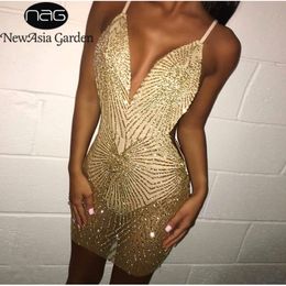 NewAsia Gold Sequin Dress Women Summer Deep V-neck Straps Cross Backless Sexy Dresses Woman Party Night See Through Mesh Dress