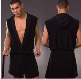 Wholesale-Men's robes comfortable casual bathrobes sleeveless Viscose sexy Hooded robe homewear mens sexy sleepwear lounge clothes Black