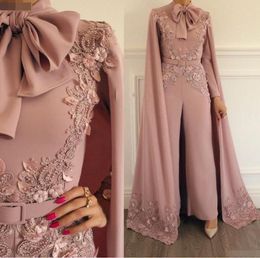 Elegant Muslim Evening Dresses high neck 2019 Blush Pink Lace Appliques Beaded Evening Pants Dubai Arabic Long Sleeves Formal Gowns