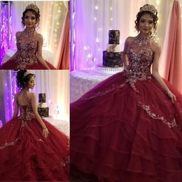 Bury Quinceanera Dresses Beaded Halter Crystal Corset Back Tiered Skirt Tulle Sweet 15 16 Birthday Princess Prom Ball Gown