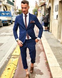 New Stylish Design Groom Tuxedos Two Button Blue Stripe Notch Lapel Groomsmen Best Man Suit Mens Wedding Suits (Jacket+Pants+Tie) 788