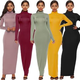 High Stretch Women Casual Dresses Robe Autumn Elegant Long Dress High Neck Long Sleeve Skinny Maxi Dress Thin Dress Female Solid