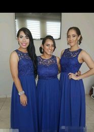 Royal Cheap Blue Bridesmaid Dresses Lace Scoop Neck Chiffon Sleeveless Maid of Honor Gown Custom Made for Beach Wedding Evening Wear