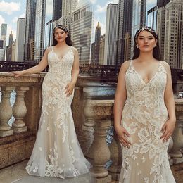plus size mermaid wedding dresses v neck appliqued sleeveless bridal gowns ruffle sweep train custom made champagne vestidos de novia