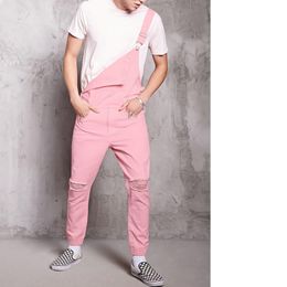 MJARTORIA 2019 New Pink Fashion Men's Ripped Jeans Jumpsuits Hi Street Distressed Denim Bib Overalls For Man Suspender Pants
