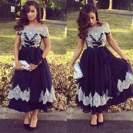 New Sexy Short A Line Prom Dresses Off Shoulder Lace Appliques Beaded Ankle Length Simple Plus Size Custom Arabic Party Evening Gowns