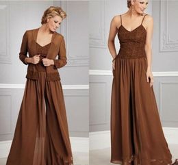 New Modest Chiffon Plus Size Mother of the Bride Pants Suits with Jacket V Neckline spaghetti Applique Long Sleeves Groom Mother Dresses