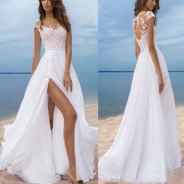 Beach Bohemia A Line Wedding Dresses High Split Sexy Summer Bridal Gowns Lace Appliques V Neck Women Dresses