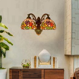 American coloured glass wall lights living room dining room corridor glass sconce Retro tiffany style double head wall lamp TF039