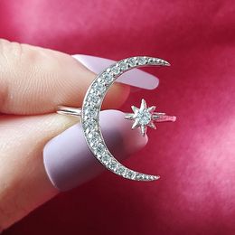 fashion 925 Sterling Silver Ring Finger moon star CZ Ring for Women Jewellery Pure Wedding Engagement sepcial unique R4596S