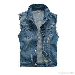 Korean Mens Vest Ripped Denim Jacket Slim Fit Sleeveless Summer New Style Jeans Male Coat Xl