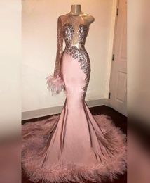 Glitter Sequins Mermaid Prom Dress with Feathers One Shoulder African Formal Graduation Dress Long Sleeve Evening Gowns
