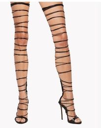 Free Shipping 2019 Ladies leather snake Cross-tied zipper Stiletto high heels Shoes Sexy over Knee long boots black colour size 35-41