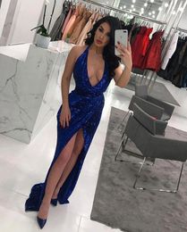 Simple Royal Blue Sequin Prom Dresses Long Party Dresses Sweet 16 Evening Gowns Plunging Neckline Front Split Formal Evening Dresses Halter