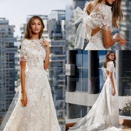 Modern A Line Wedding Dresses Mira Zwillinger Jewel Neck Short Sleeve Applique Pearls Ruched Hollow Wedding Gown Sweep Train robe de mariée