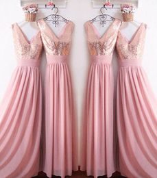 PINK Long Bridesmaid Dresses Rose Gold Sequins V-Neck Floor Length Sparkly Maid Of Honour Dress Wedding Guest Gowns Cheap