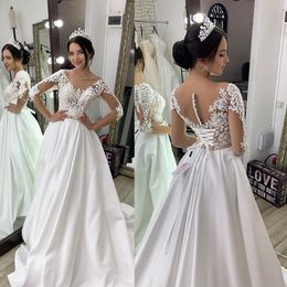 satin wedding dresses illusion sheer jewel neck lace appliques wedding dress backless long sleeve sweep train bridal gowns robes de marie