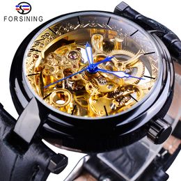 Forsining Retro Black Golden Skeleton Watches Blue Luminous Hands Genuine Leather Mens Mechanical Clock Transparent Wristwatch