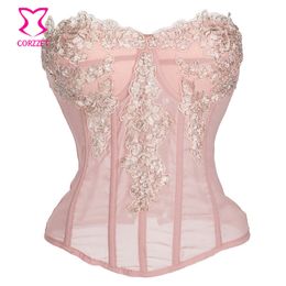 Corzzet Pink Floral Appliques Sexy Lingerie Overbust Lace Up Steampunk Corset Clothing Gothic Corselet J190701