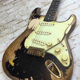 In Stock Handwork John Mayer Relic Black 1 Masterbuilt Electric Guitar Aged Gold hardware Nitrolacquer Paint Tremolo Bridge Whammy Bar Vintage Tuners