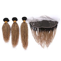 Kinky Curly Honey Blonde Ombre Malaysian Human Hair Bundles Deals 3Pcs with 13x4 Lace Frontal #1B/27 Light Brown Ombre Weaves with Frontal