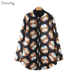 Womens Fashion CD Printed Long Jackets Female Casual Stand Collar Zipper Black Windbreaker Coats Outerwear 2019 Spring WS127