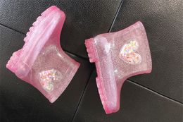 Kids Rainboots Princess Shoes Girls Baby Jelly Rain Boots LED lights waterproof heart-shaped transparent Non Slip Rain Short Boots A110705