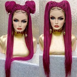 New pink red Braided Wigs with Baby Hair Long box Braids Glueless Synthetic Lace Front Wigs for Black Women Heat Resistant