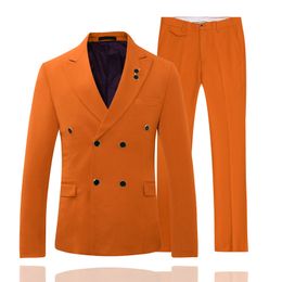 Summer Beach Orange Mens Tuxedos Groom Wedding Suits Double Breasted Notached Lapel Plus Size Prom Party Blazer Suit(Jacket+Pants)