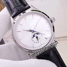 Master Ultra Thin Q1368420 Automatic Mens Watch Steel Case Silver Dial Real Moon Phase Stick Markers Brown Leather Strap Timezonewatch E69b2