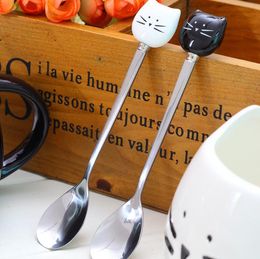 100pcs/lot Cartoon White Black Cat Spoon Stainless Steel Tea Coffee Ice Cream Spoons Tableware Decor SN561