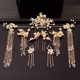 Traditional Chinese Hairpin Gold Hair Combs Wedding Hair Accessories Headband Stick Headdress Head Jewelry Bridal Headpiece Pin Y200409