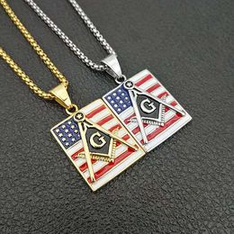 Mens Stainless Steel 18K Gold Silver Colourful Epoxy Enamel United States American Flag Masonic Pendants Freemasonry Mason Logo Engraved