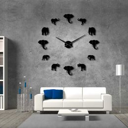 37inch Jungle Animals Elephant DIY Large Wall Clock Home Decor Modern Design Mirror Effect Giant Frameless Elephants DIY Clock Watch