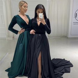 2019 Fall Winter Velvet Long Sleeve Evening Formal Dresses Deep V-neck Side Split Draped Empire Waist Princess Prom Dress Party Evening Gown