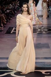 Elegant One Shoulder Chiffon Long Evening Dresses 2020 Ruched High Split Floor Length Prom Celebrity Dresses robes de soirée