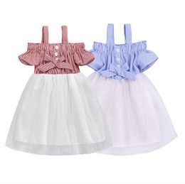 Baby Designer Clothes Girl Suspender Dresses Kids Summer Off Shoulder Princess Dress Fashion Patchwork Pleated Skirts Bow Sundress BYP473