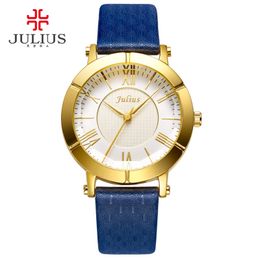 JULIUS Blue Watch Women Genuine Leather Strap Rose Gold Plated Watch Top Brand Women Luxury Leather Quartz Military Reloj JA-789