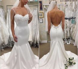 2019 new Mermaid Wedding Dresses Spaghetti straps Neck Satin Bridal Gowns Lace Appliqued Backless Simple Wedding Dresses Cheap court train