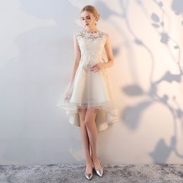 Jewel Neck Organza High Low Cocktail Dress with Lace Appliques 2021 Champagne Party Dress Prom Gowns3455