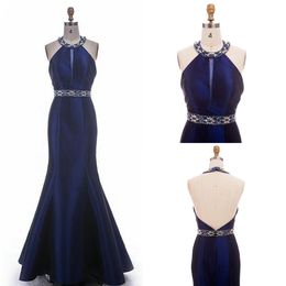 2020 Navy Blue Halter Mermaid Prom Dresses Vestidos De Fiesta Crystal Neck Waist Line Backless Robes De Doirée Formal Evening Dress Party