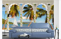 3D Customised large photo mural wallpaper Roman column coconut tree sea view 3d living room TV sofa background wallpaper for walls 3D