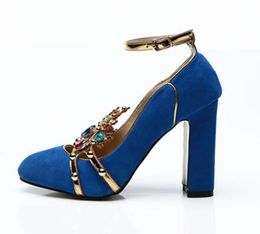 Blue Crystal Bohemia Suede Hot Chunky Heel Shoes Woman 12 CM Buckle Strap Prom Wedding Shoes Fashion Hairball Studded Woman Pumps