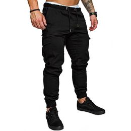Mens Multi-pocket Cargo Pants Elastic Waist Hip Hop Fitness Pants Solid Color Casual Trousers D18122701