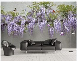 3D Wisteria Flower Butterfly TV Sofa Background Wall Painting modern living room wallpapers