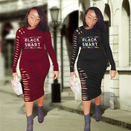 Women Black Smart Letter Dress Long SLeeve Ripped Bodycon Ripped Holes Rips Dresses Clubwear Fashion Ladies Skirt S-2xl Plus Size A3205