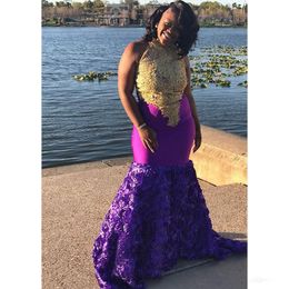 South African Mermaid Prom Dresses 2019 New Sleeveless Halter Neck Gold Lace Applique Purple Formal Evening Dress Party Gowns