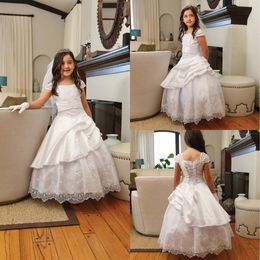 Lace Flower Girl Dresses for Wedding Embroidered Satin Ruffle Tulle Lace up Corset Back Beaded Organza Cap Sleeves Long Communion Dress