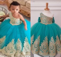 Gold Applique One Shoulder Flower Girl Dresses Ball Gowns Big Bow Girls Pageant Dress Kids Toddlers Party Dress For Special Occasion
