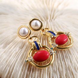 Fashion- Top brass material drop irregular hook earring shape with diamond and pearl ball Earring jewelry for women gift PS6682A